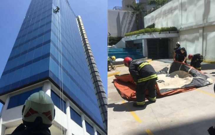 Susto en Puerto Madero: un limpiavidrios quedó atrapado en un sexto piso y fue rescatado por bomberos