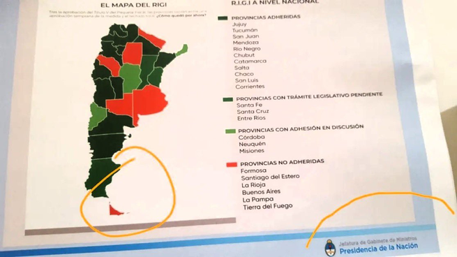 El mapa proyectado por el Gobierno sin las Islas Malvinas.