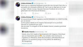 Cristina Fernández de Kirchner criticó a Alfredo Cornejo.