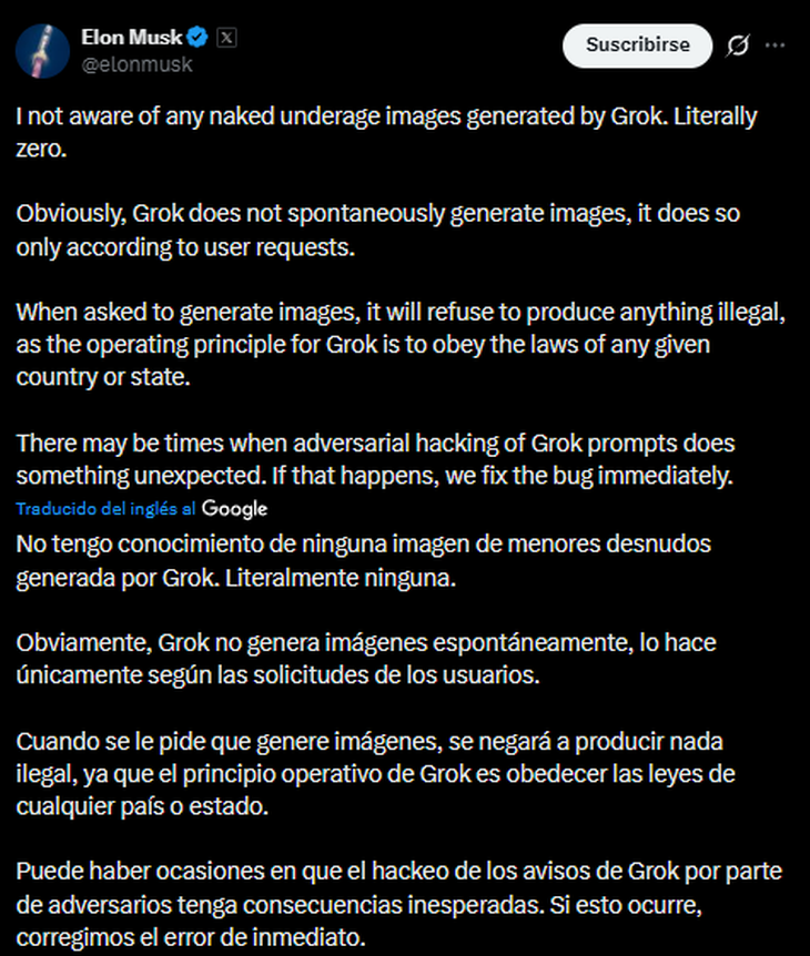 La respuesta de Musk ante las acusaciones contra Grok. La respuesta de Musk ante las acusaciones contra Grok.