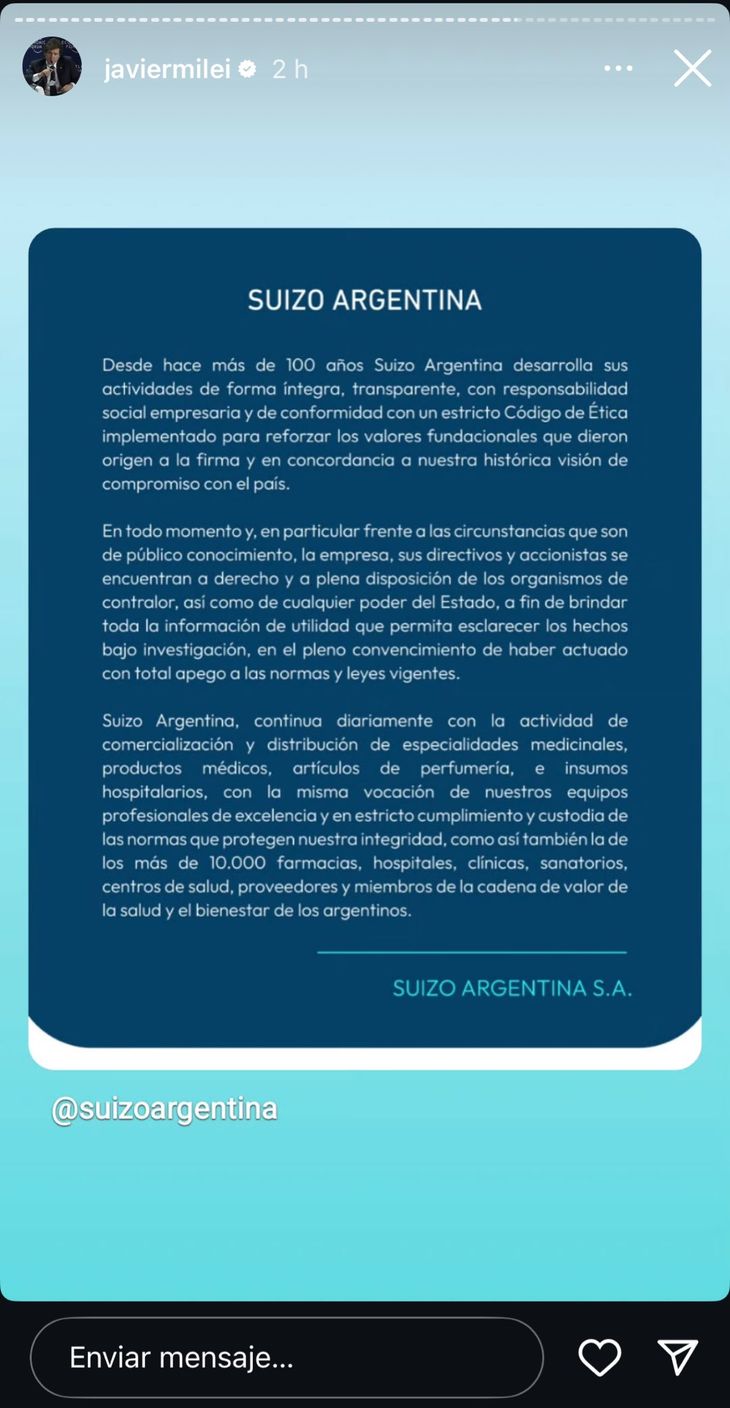 El presidente Javier Milei compartió un comunicado de la droguería Suizo Argentina. 