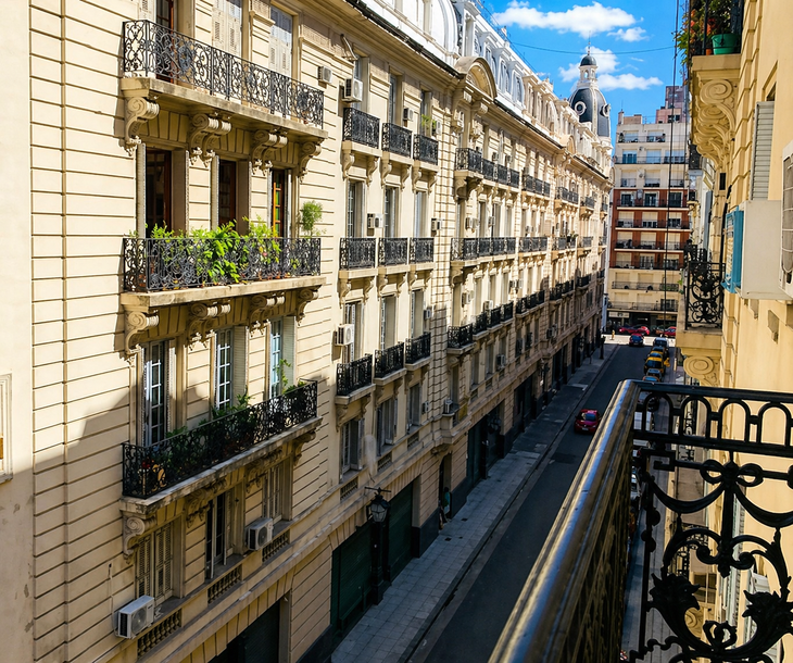 Vista desde balcón que destaca la repetición de molduras, balcones y ornamentación histórica Vista desde balcón que destaca la repetición de molduras, balcones y ornamentación histórica