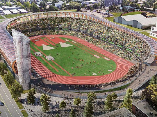 Eugene, capital del atletismo de EEUU. El Mundial se aplazó por el coronavirus y se disputará en 2022.