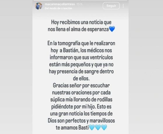 La mam&aacute; de Basti&aacute;n, Macarena, inform&oacute; en sus historias de Instagram que la familia "recibi&oacute; una noticia que les llena el alma de esperanzas".&nbsp;