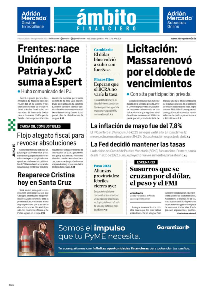 ámbito.com | Tapa Edicion Impresa del 2023-06-15