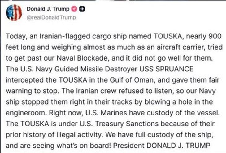 Trump celebra la detención del carguero Touska (por otra vía se quejó del líder Chino por dejar que transportara mercaderías de ese origen). Trump celebra la detención del carguero Touska (por otra vía se quejó del líder Chino por dejar que transportara mercaderías de ese origen).