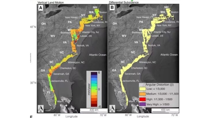 Las imágenes satelitales de la investigación que muestran que la costa atlántica de Estados Unidos se hunde a un ritmo acelerado.