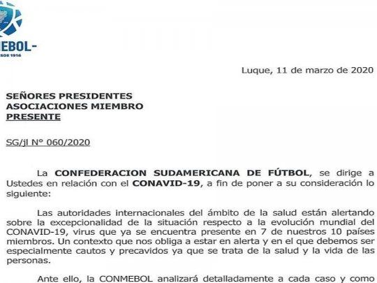Esta es la carta con la que Conmebol anuncia la postergación de la fecha 3 de la Copa Libertadores de América.