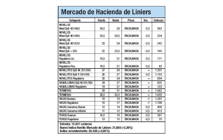Índice Novillo cayó un 0,4% en Liniers