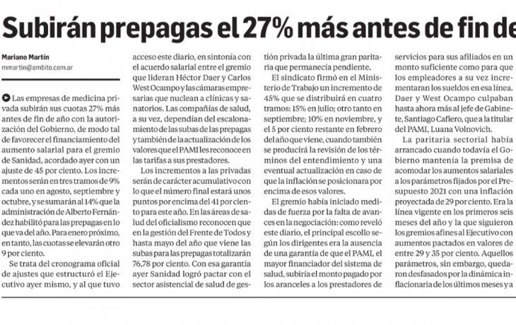 asi se informa: ambito anticipo el aumento de las prepagas