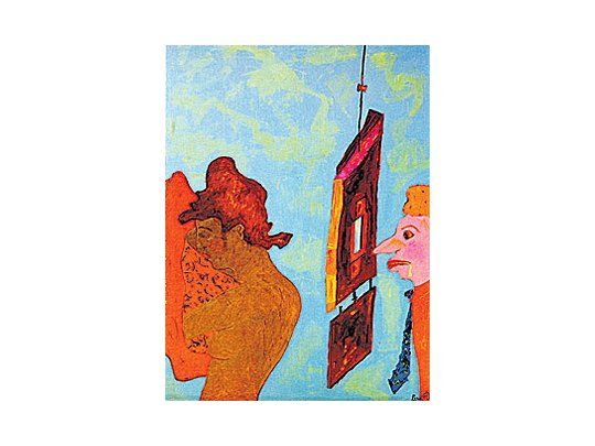 Le Voyeur», una de las pinturas esencialmente lúdicas,pero también finamente irónicas, de Felipe Pino que puedenverse en la UCA de Puerto Madero.