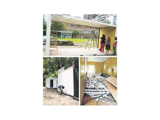 Las aulas containers instaladas ayer en el patio del Lengüitas. Está previsto que para el 5 de marzo,  cuando comienzan las clases, estudien en ellas entre 22 y 26 niños de 5 años.