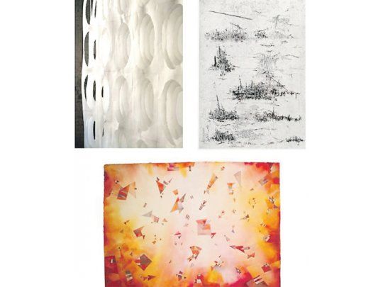 Arriba, obras de Fernanda Guzmán y Catalina Chervin, y abajo una de Antonia Guzmán, tres artistas de estilos y temática muy direrentes, pero que comparten delicadeza y excelencia.