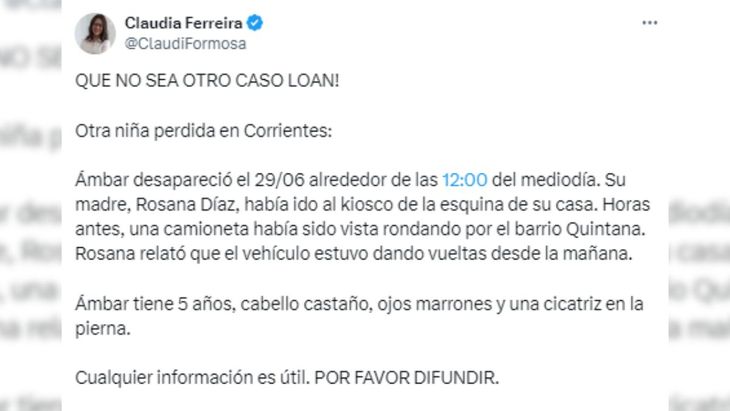 El posteo de Claudia Ferreria denunciando la desaparición de Ámbar. El posteo de Claudia Ferreria denunciando la desaparición de Ámbar.