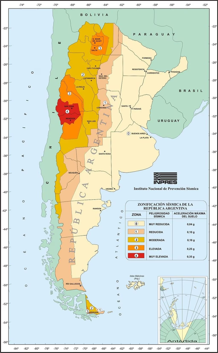 Mapa de peligrosidad de sismos en el país.