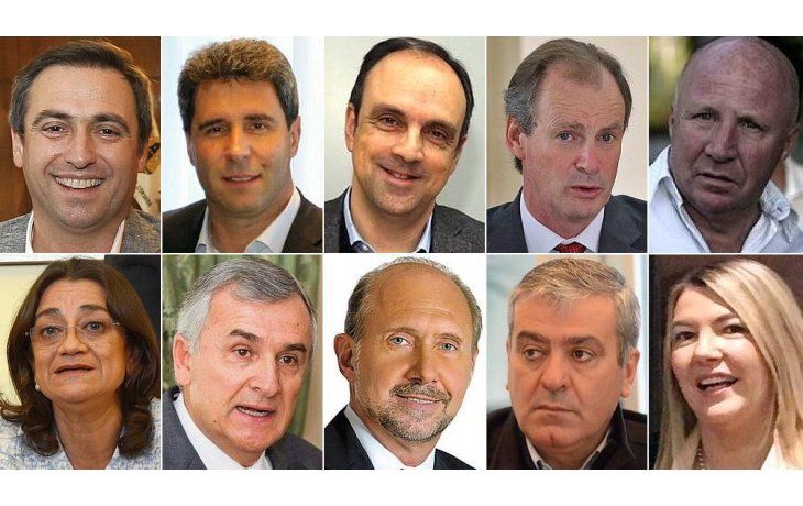 Arriba: Ramón Mestre, Sergio Uñac, José Corral, Gustavo Bordet y Javier Mac Allister. Abajo: Lucía Corpacci, Gerardo Morales, Omar Perotti, José Cano y Rosana Bertone.