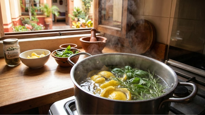 El secreto detrás de hervir cáscara de limón, albahaca y romero.