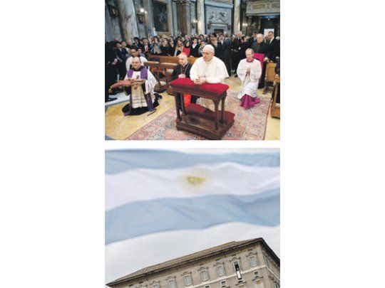 El domingo del papa Jorge Bergoglio comenzó con una misa en la iglesia de Santa Anna (arriba). Impresionó la cantidad de argentinos con banderas que lo aguardó en la plaza de San Pedro para el Angelus posterior (abajo).