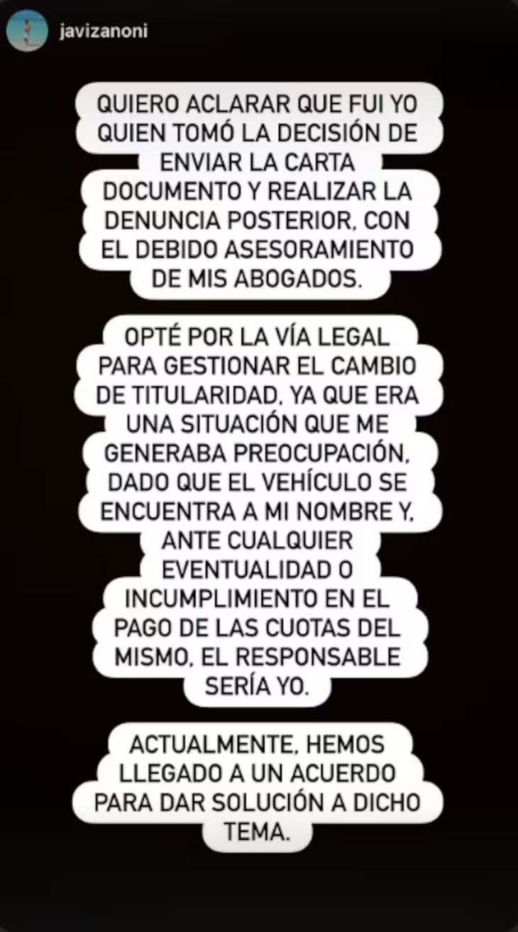 El descargo de Javier Zanoni a través de su Instagram. El descargo de Javier Zanoni a través de su Instagram.