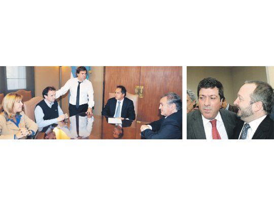 Scioli ayer con los intendentes Katopodis y De la Torre y sus ministros Pérez y Álvarez Rodríguez. A 100 metros de ahí, Mariotto posó con Sabbatella.