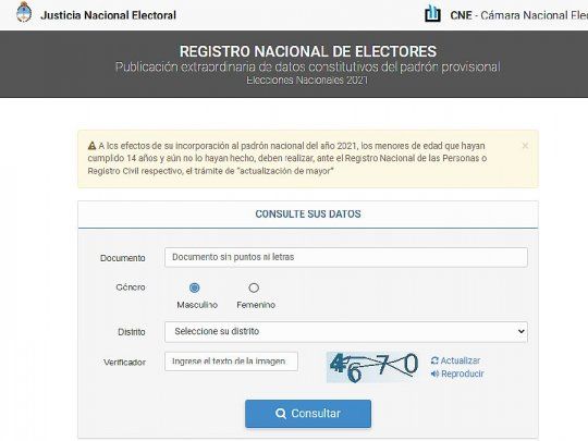 La Cámara Nacional Electoral (CNE) publicó el padrón electoral en Internet.&nbsp;
