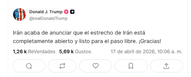 Trump busca estabilizar los mercados petroleros con la reapertura del estrecho.
