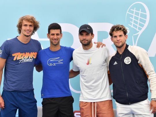Zverev, Djokovic, Dimitrov y Thiem, en la presentación del Adria Tour. Los dos del centro dieron positivo por coronavirus.