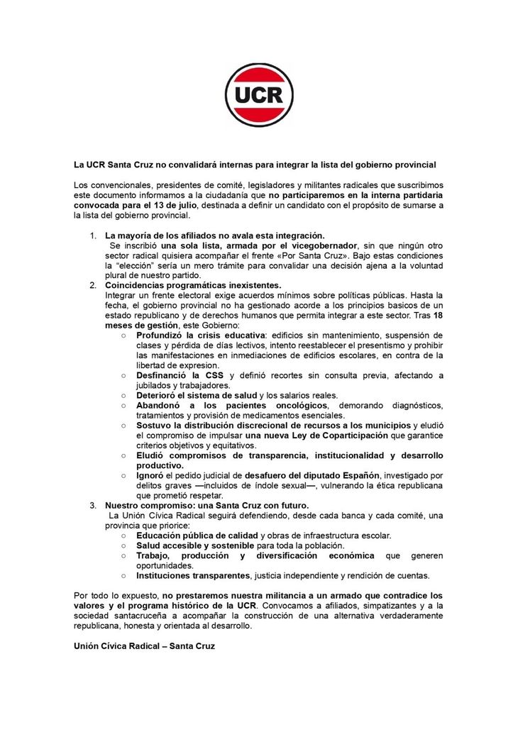 El comunicado de la UCR, tras romper la alianza con Vidal, en Santa Cruz. 