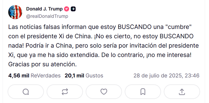 El mensaje de Trump sobre un posible encuentro con Xi Jinping.