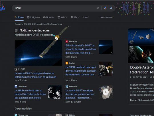 Al buscar DART o NASA aparecerá desde el extremo izquierdo de la pantalla la animación. 