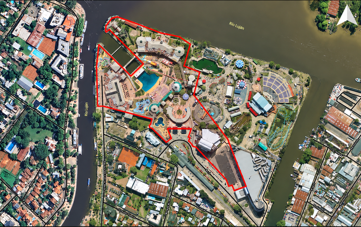 Vista aérea del predio del Parque de la Costa que podría reconvertirse a partir de la futura venta 