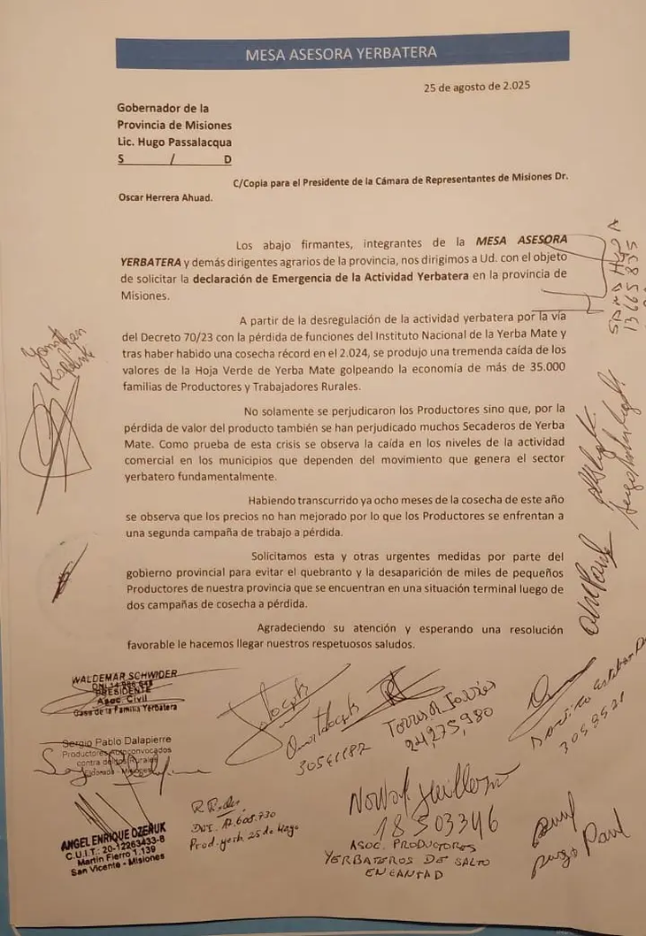 La nota de los productores de yerba mate que piden la declaración de emergencia para el sector.