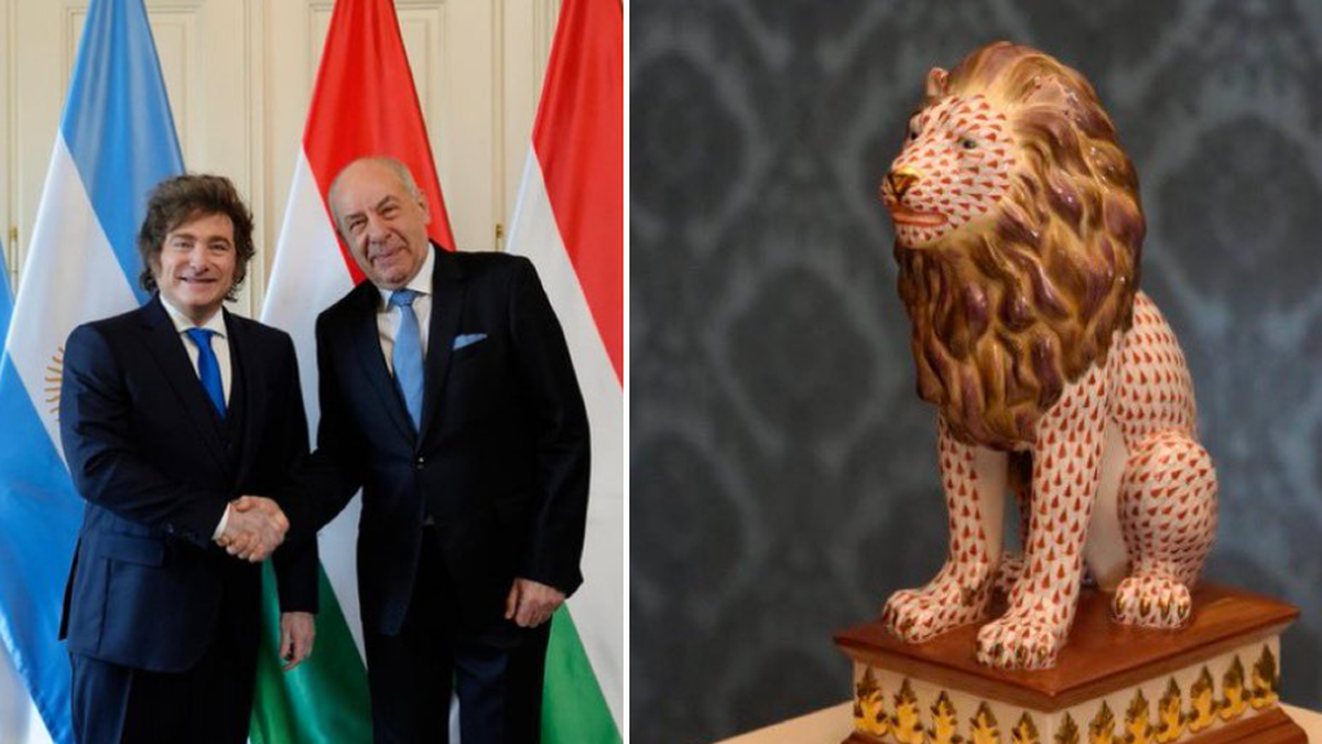 Apret�n de manos y una estatua de le�n de regalo: as� fue la reuni�n de Javier Milei con el presidente h�ngaro