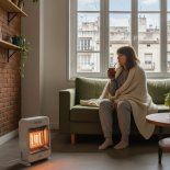 Una mujer se abriga en su casa junto a un caloventor eléctrico importado, uno de los productos que lideraron las ventas de calefacción durante el invierno 2025 Una mujer se abriga en su casa junto a un caloventor eléctrico importado, uno de los productos que lideraron las ventas de calefacción durante el invierno 2025