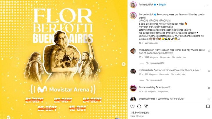 Florencia Bertotti's post announcing new shows. Florencia Bertotti's post announcing new shows.