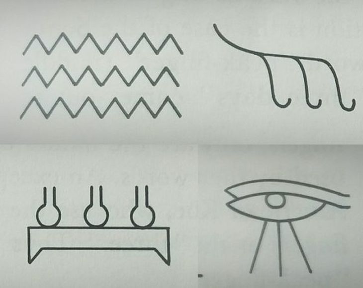There are no two without three. Egyptian pictograms to express the concepts of “water”, three waves, “hair”, three hairs, “flood”, three jars of water, or “crying” There are no two without three. Egyptian pictograms to express the concepts of “water”, three waves, “hair”, three hairs, “flood”, three jars of water, or “crying”