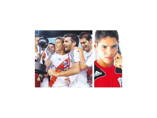 Quiroga, Abelairas, Almeyda, Ferrari y Nico Sánchez celebran con la Copa que obtuvieron el miércoles por la noche, en Mar del Plata, al vencer a Boca. Al lado, «Keko» Villalva, la gran figura del superclásico y autor de uno de los tres goles de River.