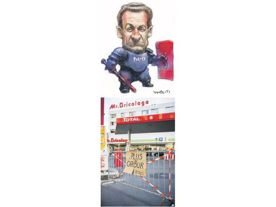 Nicolas Sarkozy opta por la mano dura para evitar que las protestas sociales desquicien su Gobierno y la economía de Francia, según la aguda visión de Ippóliti (arriba). Un tercio de las estaciones de servicio del país estaba ayer cerrado (abajo).