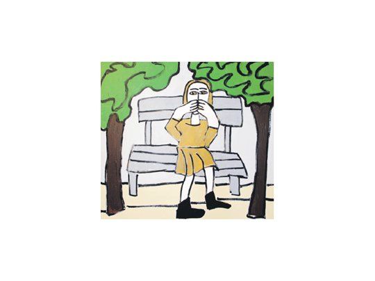 “Rezando en la plaza”, una de las pinturas de “Rezantes”, muestra que inaugura hoy Anna Lisa Marjak en el espacio Elsi Del Río.