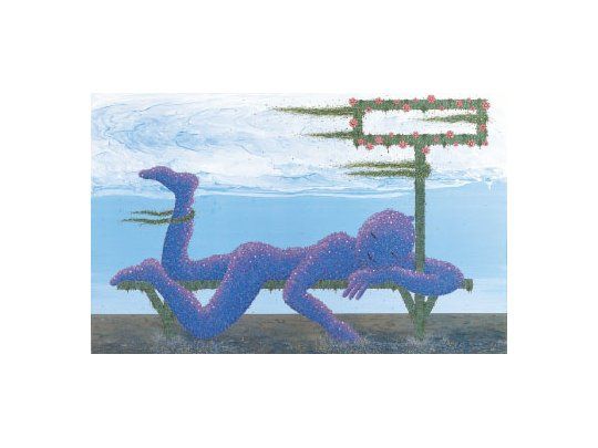 “Bodhisatva, joven y náufrago”, una de las bellas obras más recientes que conforman la amplia retrospectiva de Marcelo Pombo, en la que también exhiben varios de sus contemporáneos.