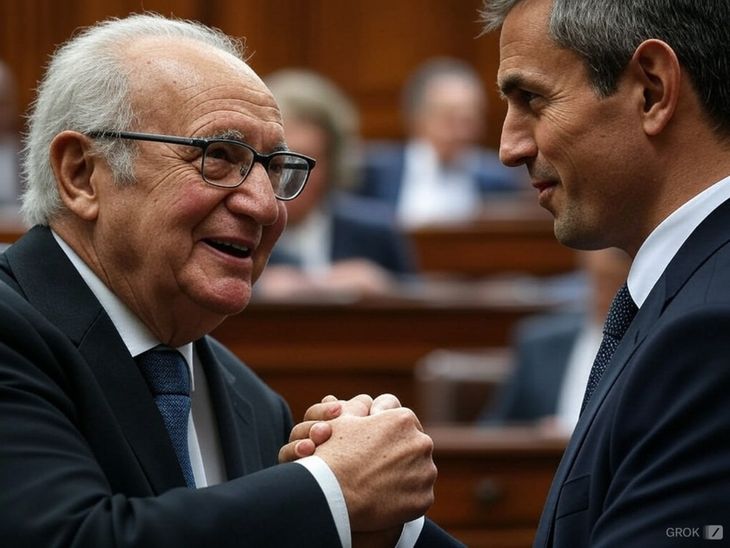 Deepfake: Martín Menem estrechando la mano de Juan Carlos Pugliese, primer presidente de la Cámara de Diputados del retorno democrático. 