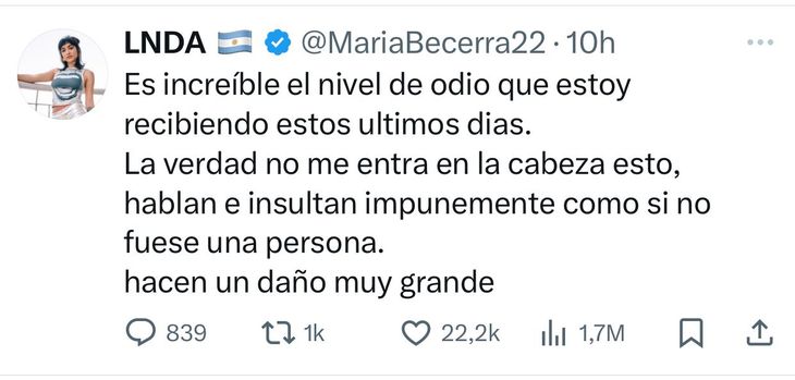 El mensaje de María Becerra hacia sus seguidores respecto al daño que causan las redes sociales en la salud mental. 