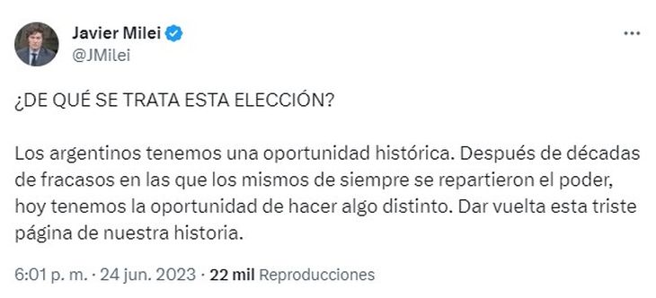 Javier Milei oficializó su campaña presidencial a través de Twitter. 
