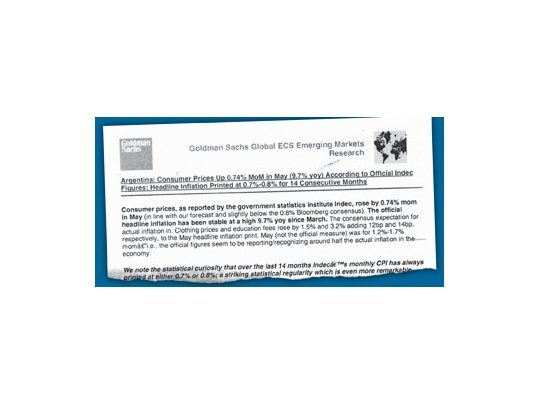 Facsímil del informe de Goldman Sachs sobre el reporte del INDEC de la inflación minorista de mayo. Marca las curiosidades de las mediciones.