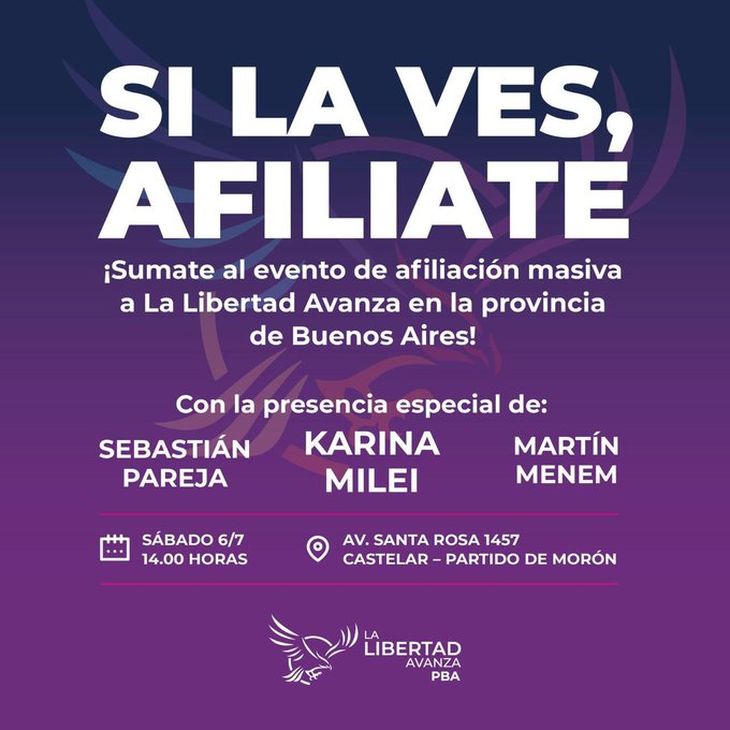 La Libertad Avanza estará afiliando este sábado en Morón. La Libertad Avanza estará afiliando este sábado en Morón.