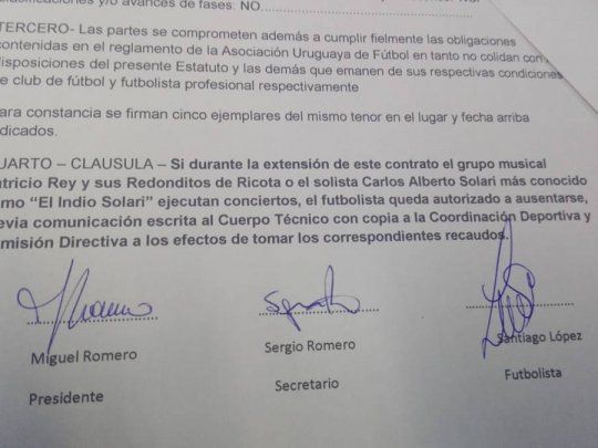 El contrato que marca la cláusula para ausentarse en caso de algún recital del Indio Solari.