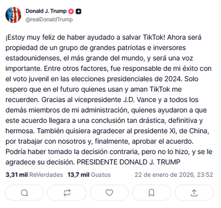 El mensaje completo de Trump tras la venta de TikTok.
