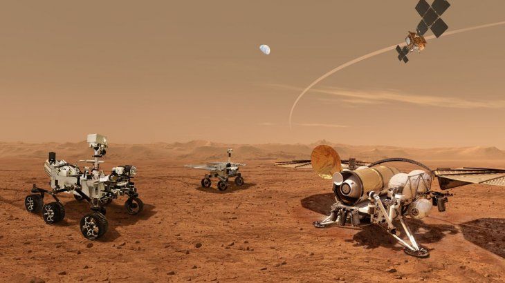 La ilustración muestra un concepto para un conjunto de futuros robots que trabajan juntos para transportar muestras de la superficie de Marte recolectadas por el rover Mars Perseverance de la NASA.