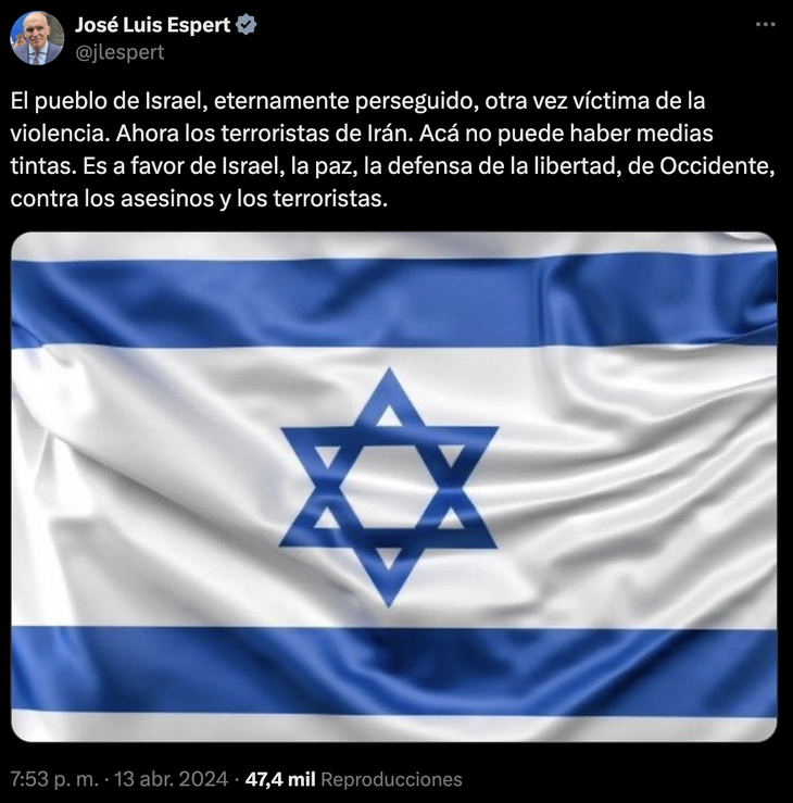 Espert dio su apoyo a Israel en su cuenta de X (antes Twitter) Espert dio su apoyo a Israel en su cuenta de X (antes Twitter)