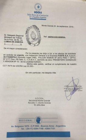 Una de las denuncias presentadas por la UOCRA, con fecha del 20 de septiembre pasado.